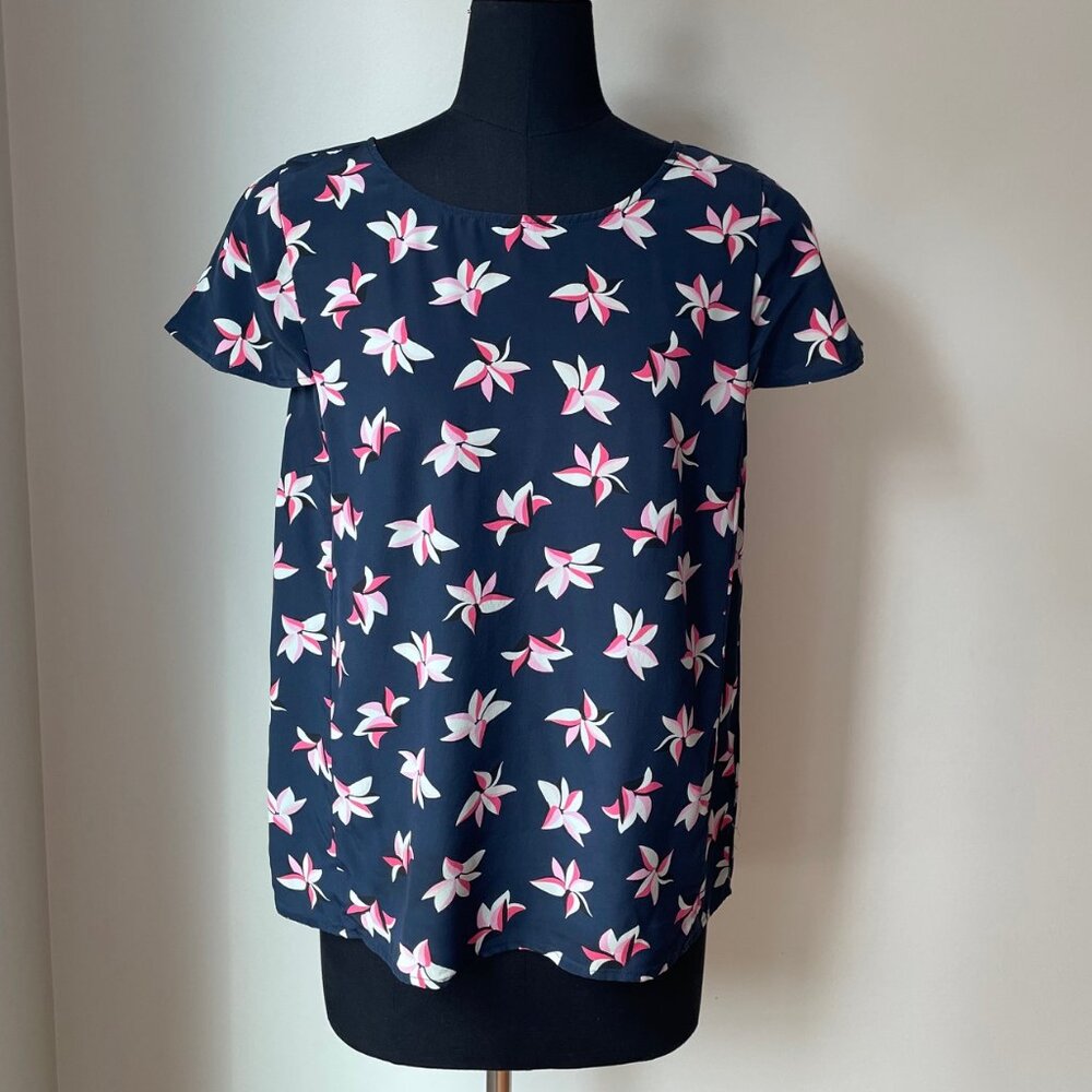 Joie Silk Navy and Floral Short Sleeve Blouse